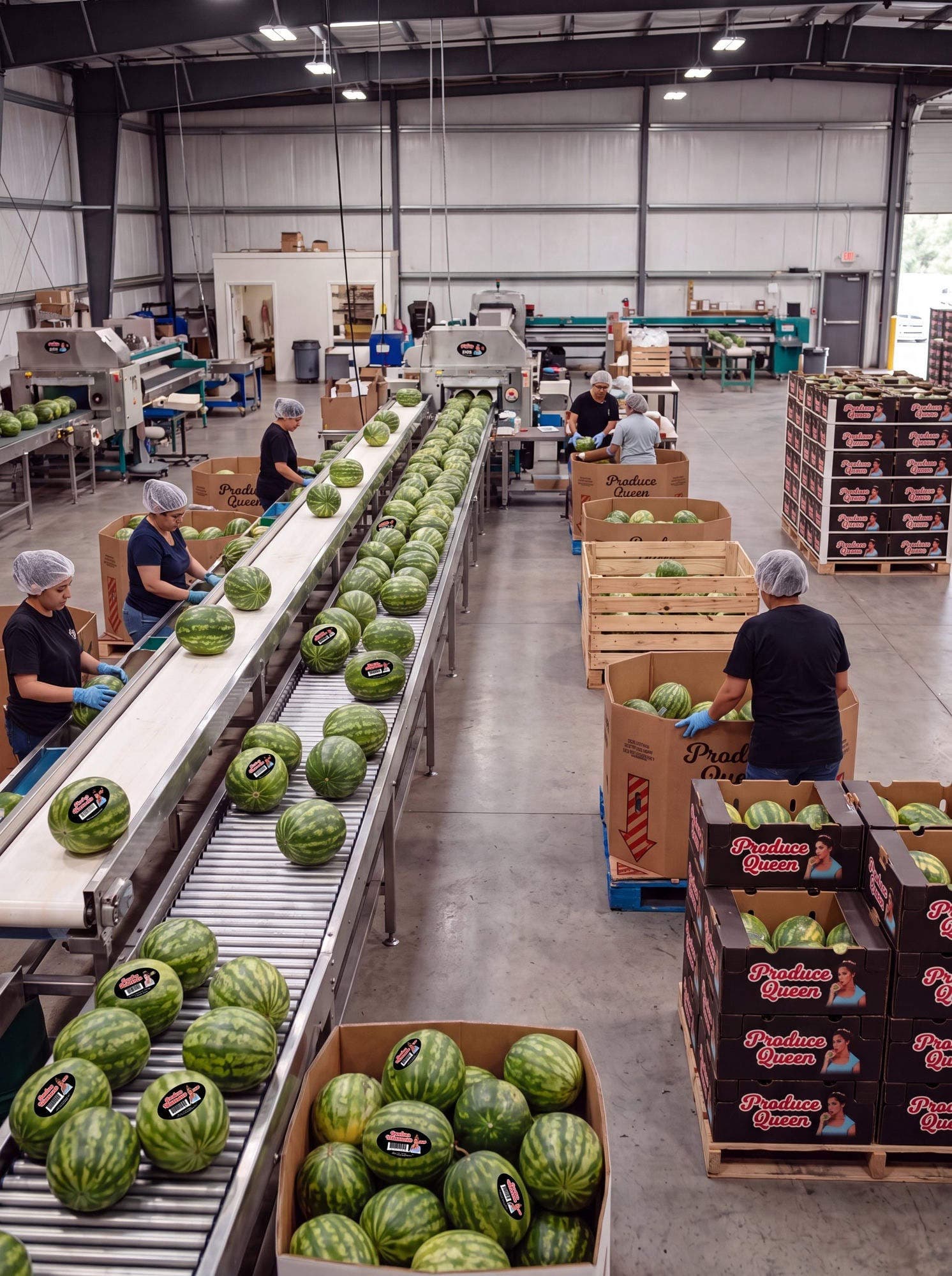 The Produce Queen watermelon packing facility, with workers sorting melons along a conveyor into branded boxes